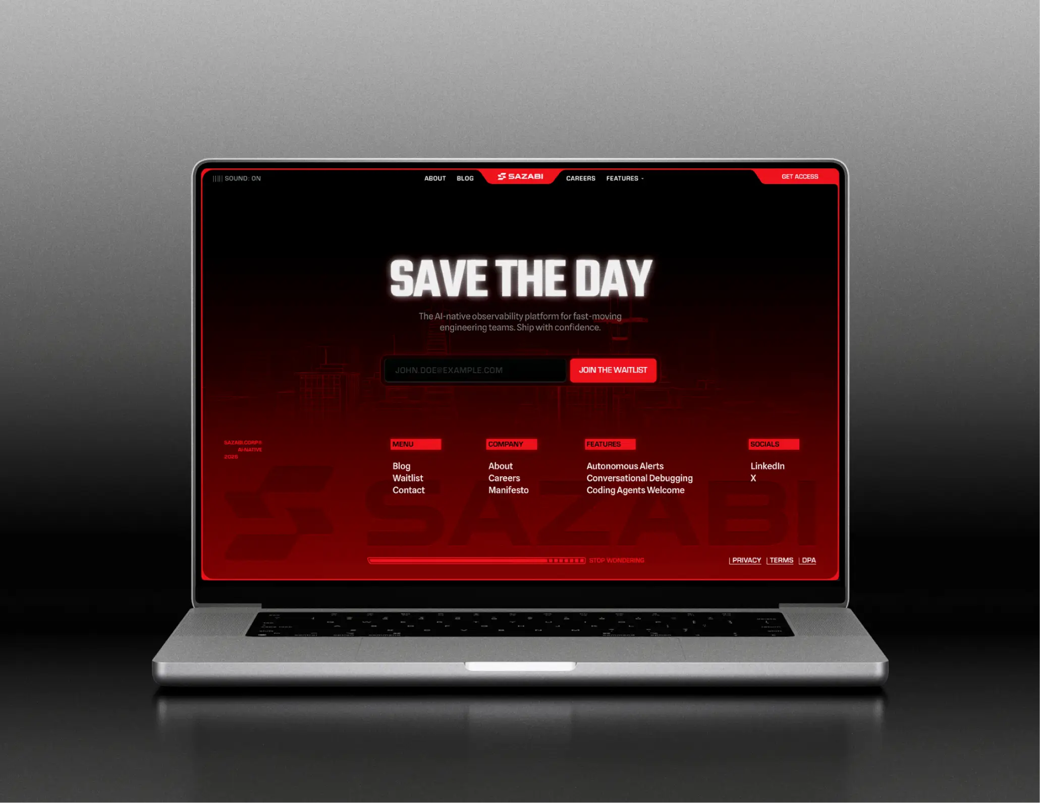 Sazabi marketing site on a MacBook
